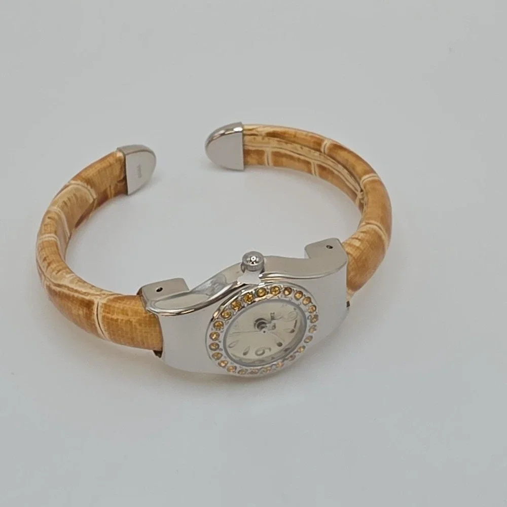 New! AVON Women's Cuff Watch Amber Orange Gemmed Silver Tone New‎ Battery